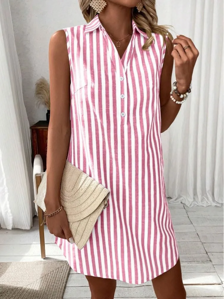 chouyatou Women's Striped Button Up Polo Shirt Mini Dress Business Casual Sleeveless Tunic Shift Short Dress