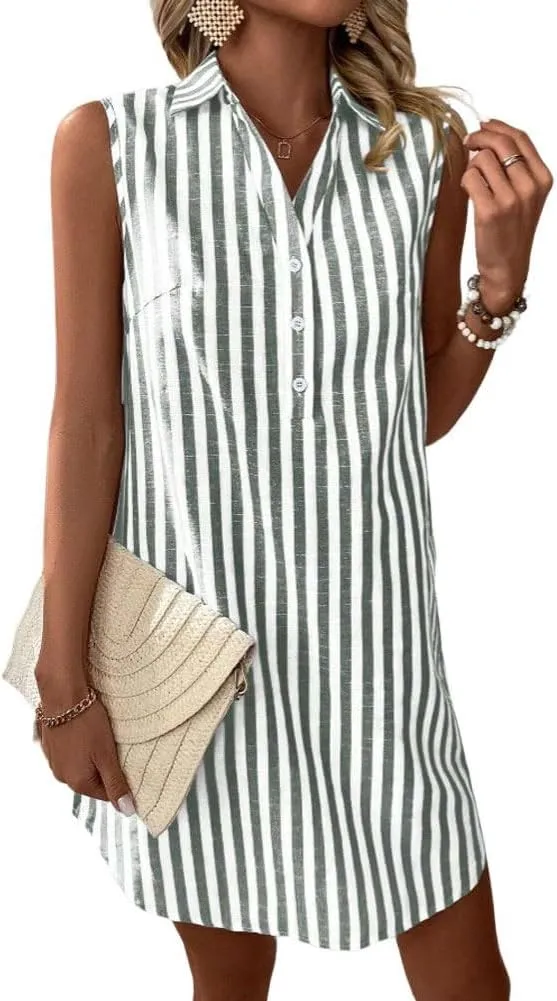 chouyatou Women's Striped Button Up Polo Shirt Mini Dress Business Casual Sleeveless Tunic Shift Short Dress