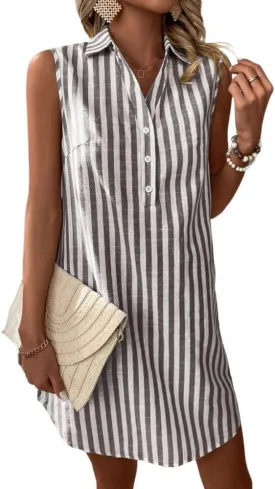 chouyatou Women's Striped Button Up Polo Shirt Mini Dress Business Casual Sleeveless Tunic Shift Short Dress