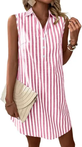 chouyatou Women's Striped Button Up Polo Shirt Mini Dress Business Casual Sleeveless Tunic Shift Short Dress