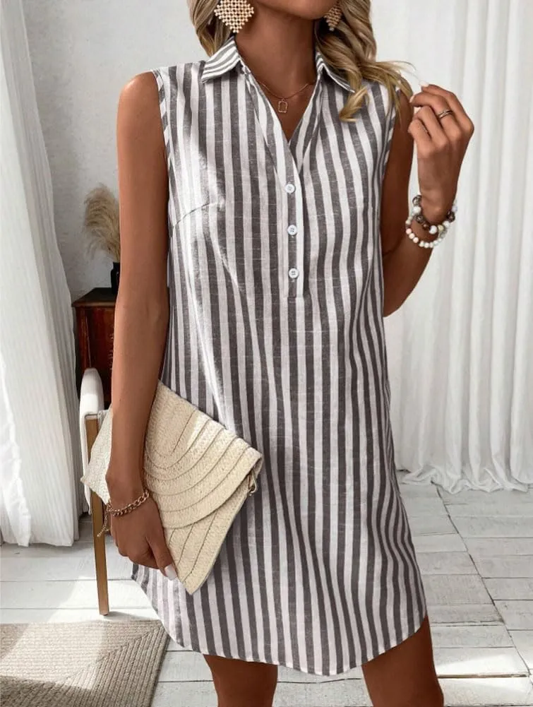 chouyatou Women's Striped Button Up Polo Shirt Mini Dress Business Casual Sleeveless Tunic Shift Short Dress