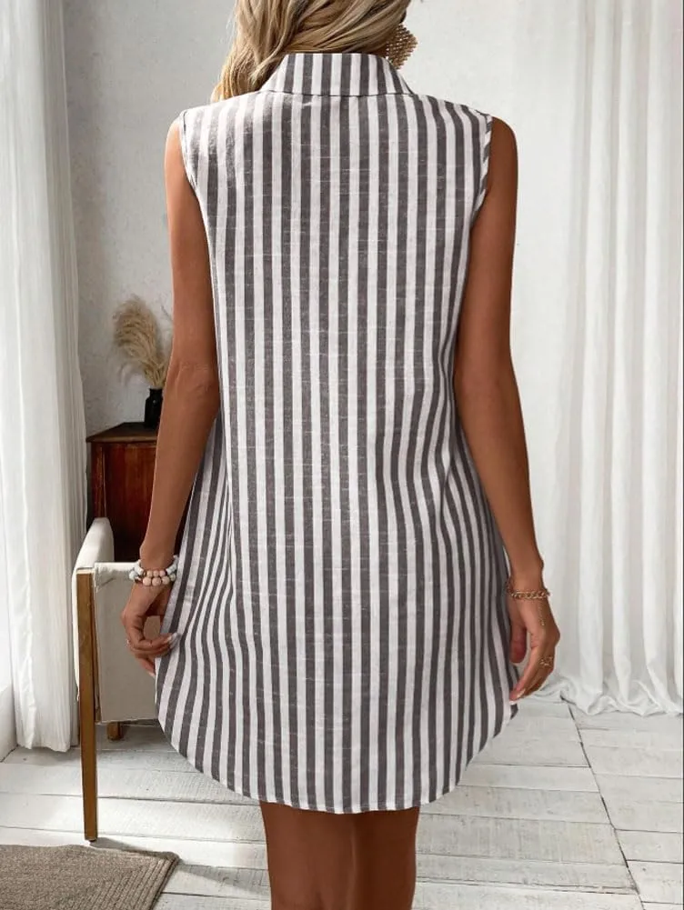 chouyatou Women's Striped Button Up Polo Shirt Mini Dress Business Casual Sleeveless Tunic Shift Short Dress