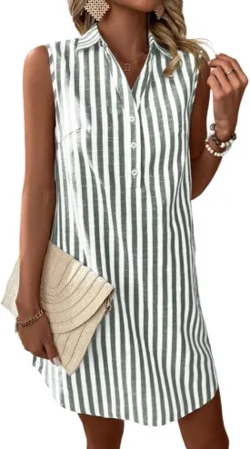 chouyatou Women's Striped Button Up Polo Shirt Mini Dress Business Casual Sleeveless Tunic Shift Short Dress