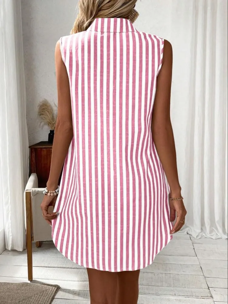 chouyatou Women's Striped Button Up Polo Shirt Mini Dress Business Casual Sleeveless Tunic Shift Short Dress