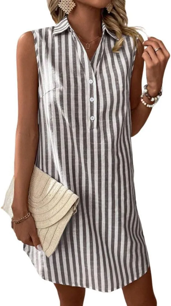 chouyatou Women's Striped Button Up Polo Shirt Mini Dress Business Casual Sleeveless Tunic Shift Short Dress