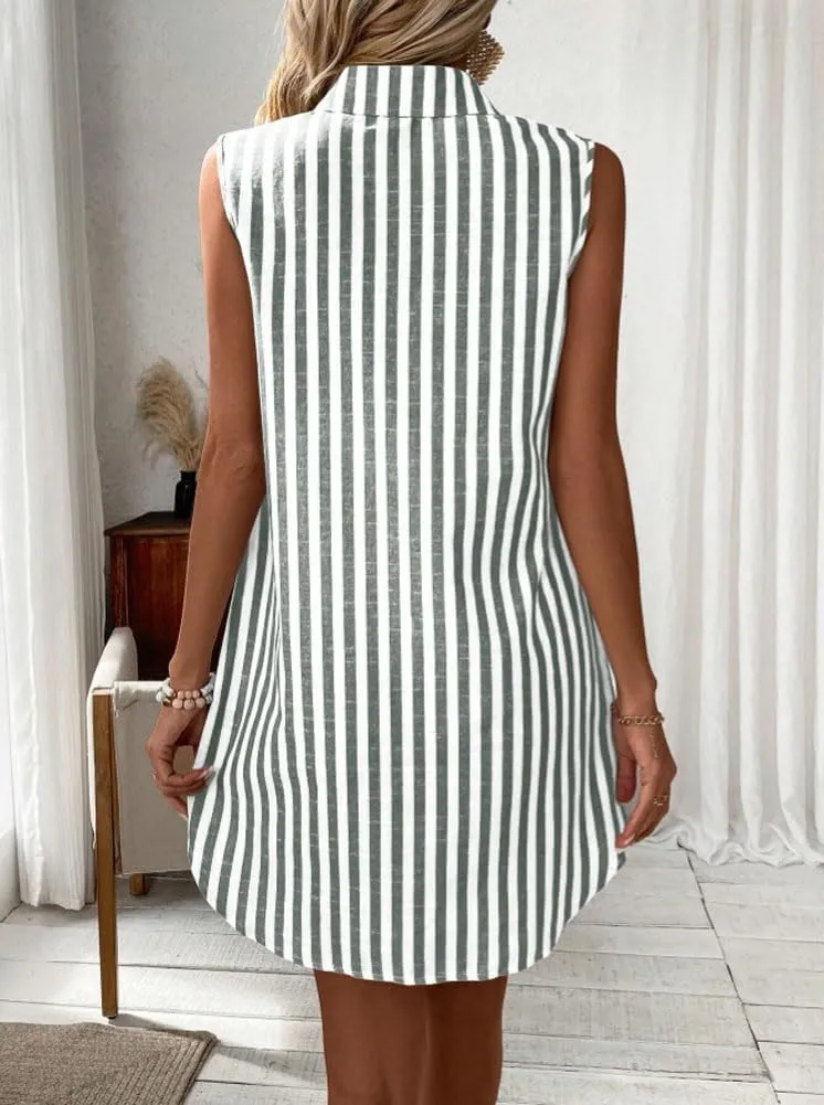 chouyatou Women's Striped Button Up Polo Shirt Mini Dress Business Casual Sleeveless Tunic Shift Short Dress