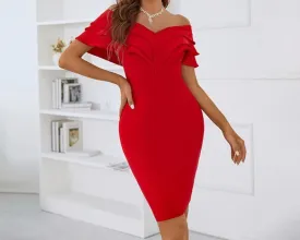 CINDY Off Shoulder Short Sleeve Midi Frill Bandage Dress