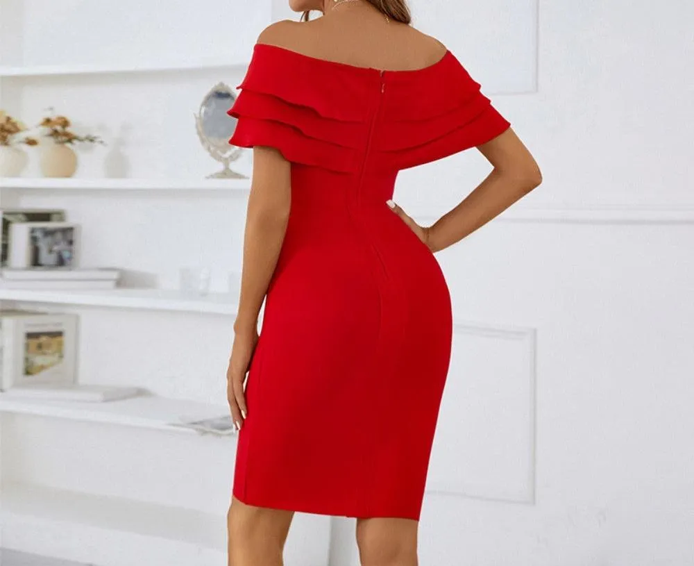 CINDY Off Shoulder Short Sleeve Midi Frill Bandage Dress