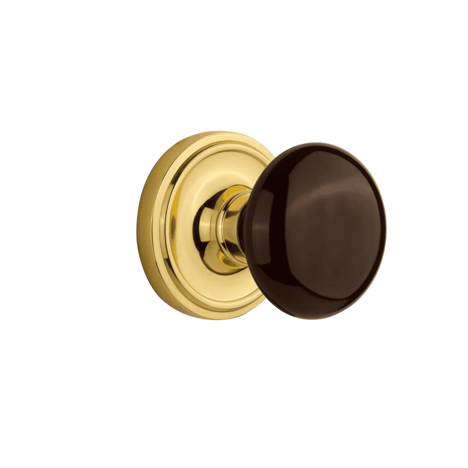 Classic Rosette with Brown Porcelain Knob in Polished Brass