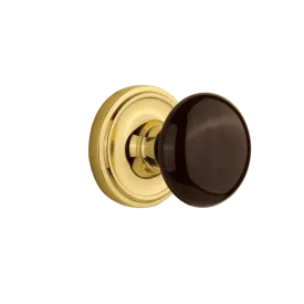 Classic Rosette with Brown Porcelain Knob in Polished Brass