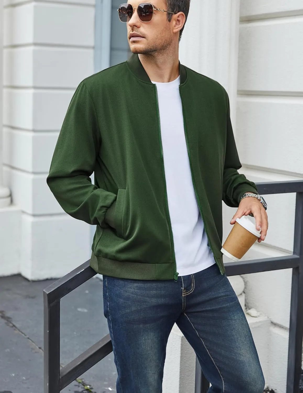 COOFANDY Men's Lightweight Bomber Jacket Casual Stylish Fall Jackets Full Zip Knit Jackets Varsity Textured Coat