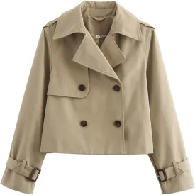 Cropped Trench Coat for Women, Double Breasted Notched Lapel Casual Loose Fit Jackets Cropped Jacket Fashion Outerwear