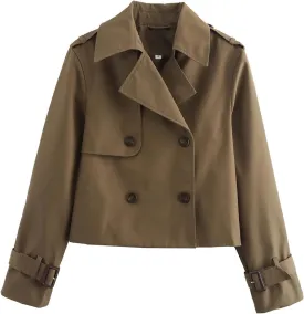 Cropped Trench Coat for Women, Double Breasted Notched Lapel Casual Loose Fit Jackets Cropped Jacket Fashion Outerwear