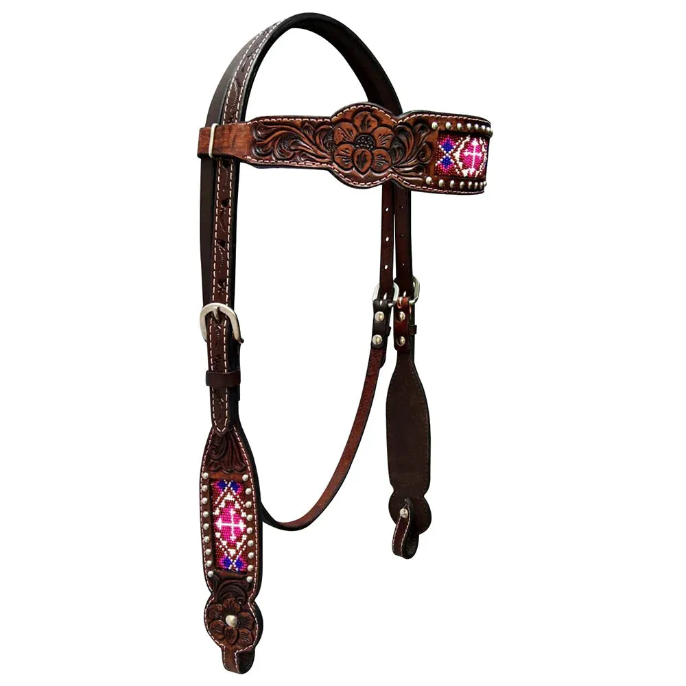 CROSS PINK BEADED INLAY BROWBAND HEADSTALL