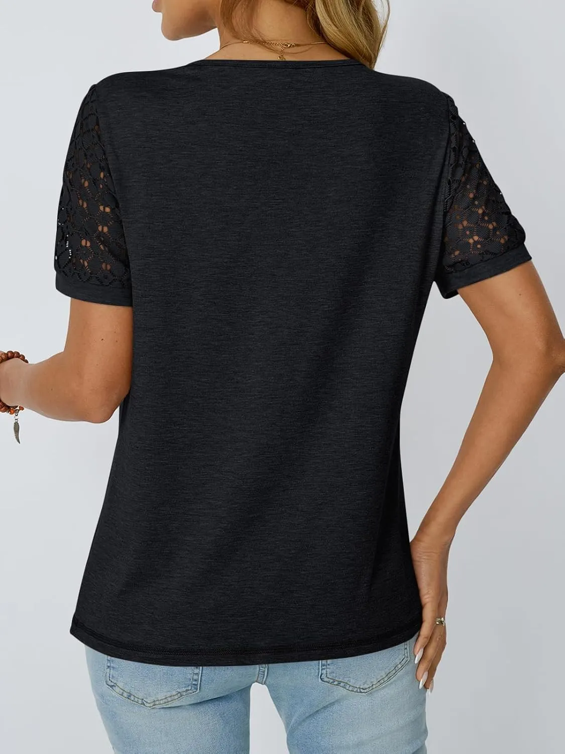 Dealmore Women's Short Sleeve Shirts Summer Trendy Tops 2025 Spring Blouses Dressy Lace Casual T-Shirts Cute Work Outfits