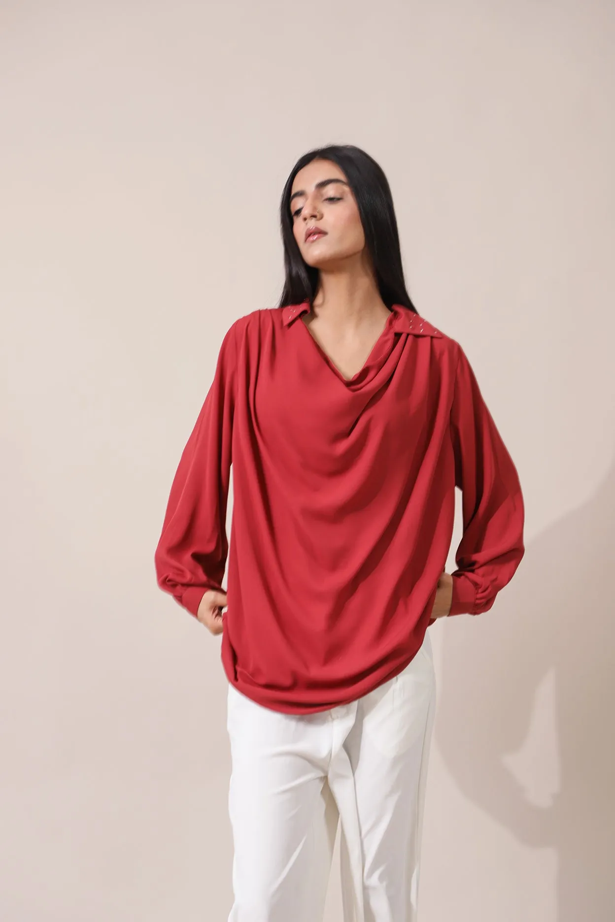 EMBELLISHED TOP WITH COWL NECK