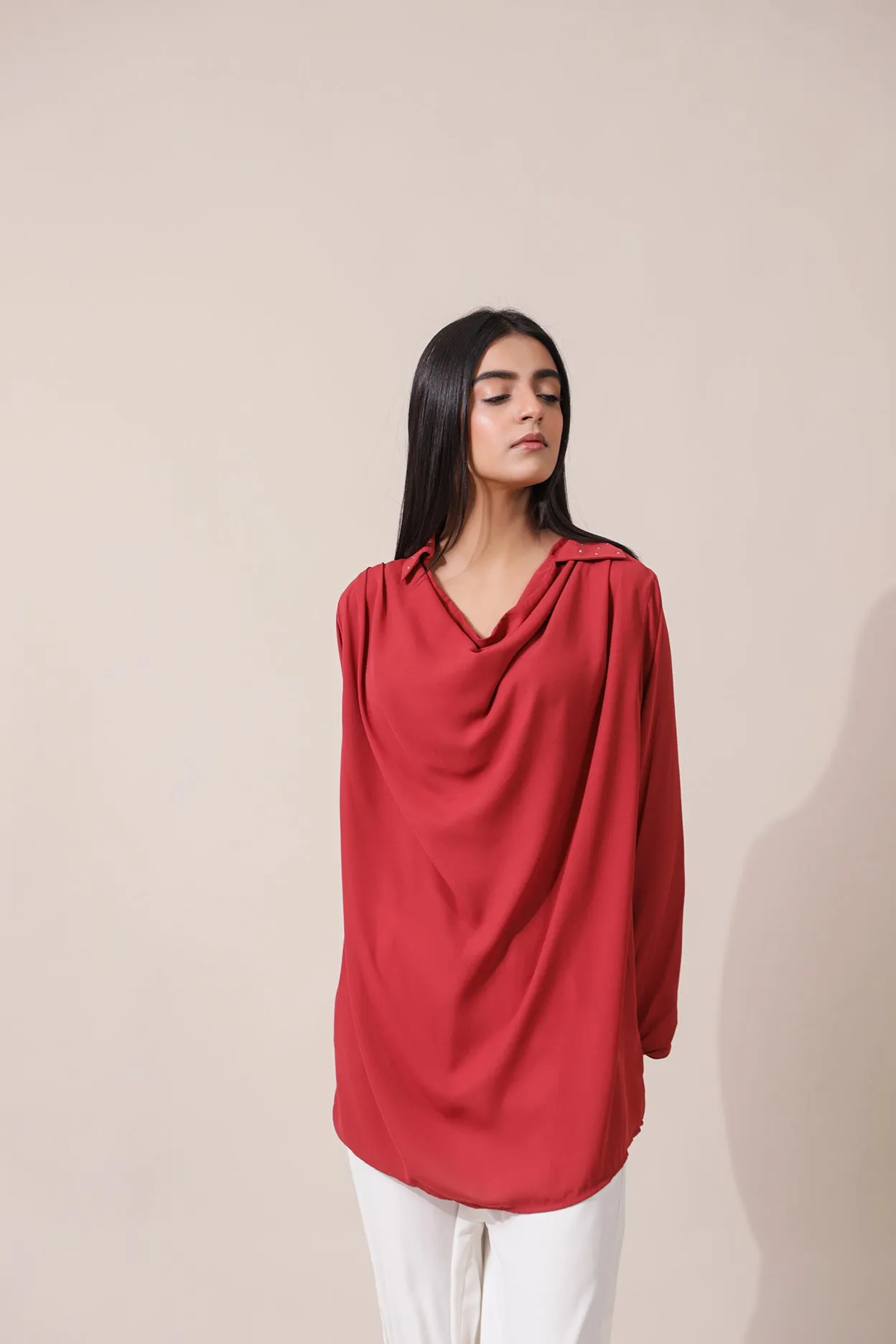 EMBELLISHED TOP WITH COWL NECK