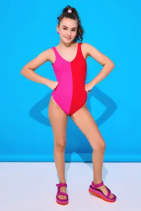 Girls Colorblock One Piece Swimsuit in Terez Pink and Hot Red