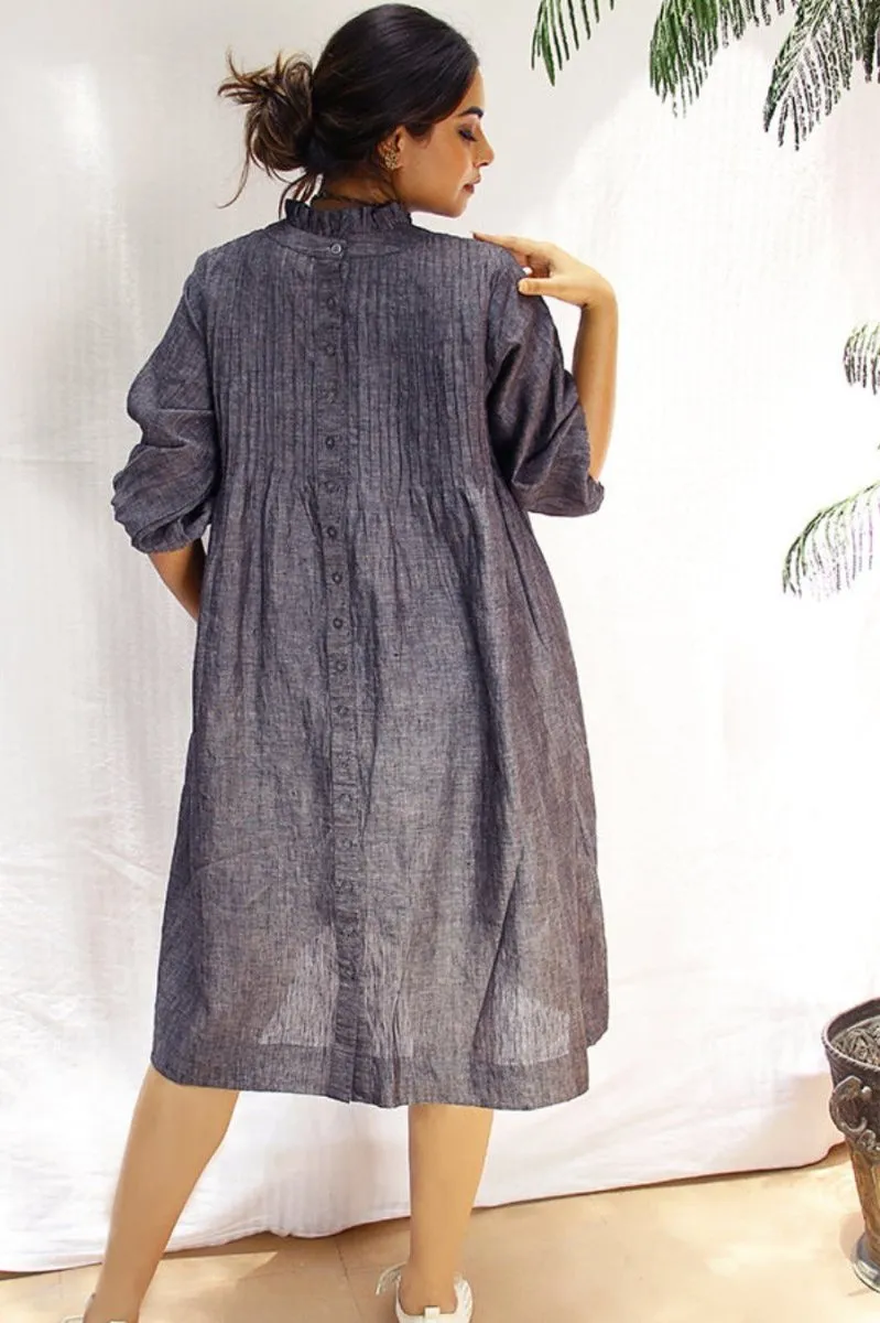 Gray Pin-Tuck Linen Dress