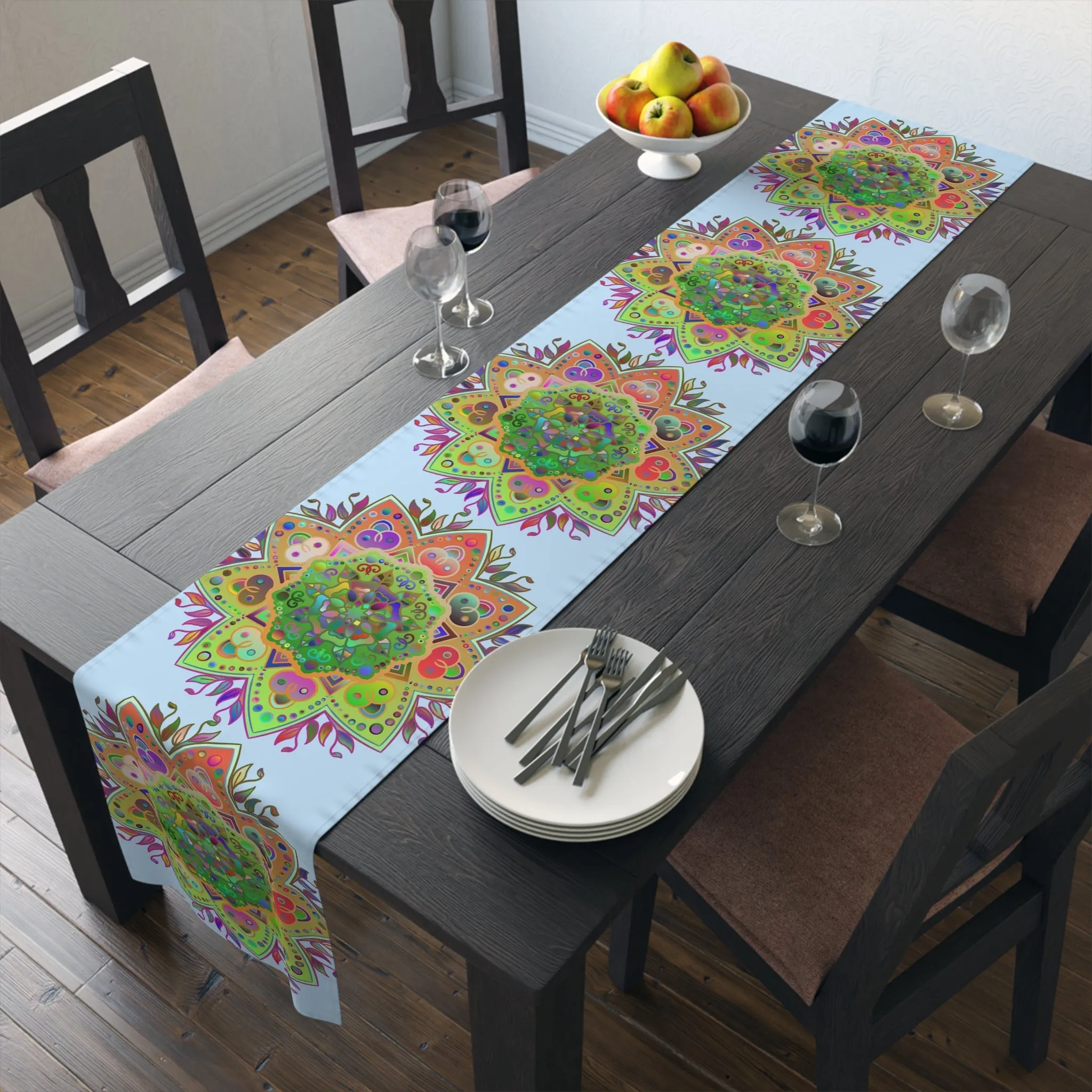 Hand-Drawn Mandala Art Table Runner - Light Blue
