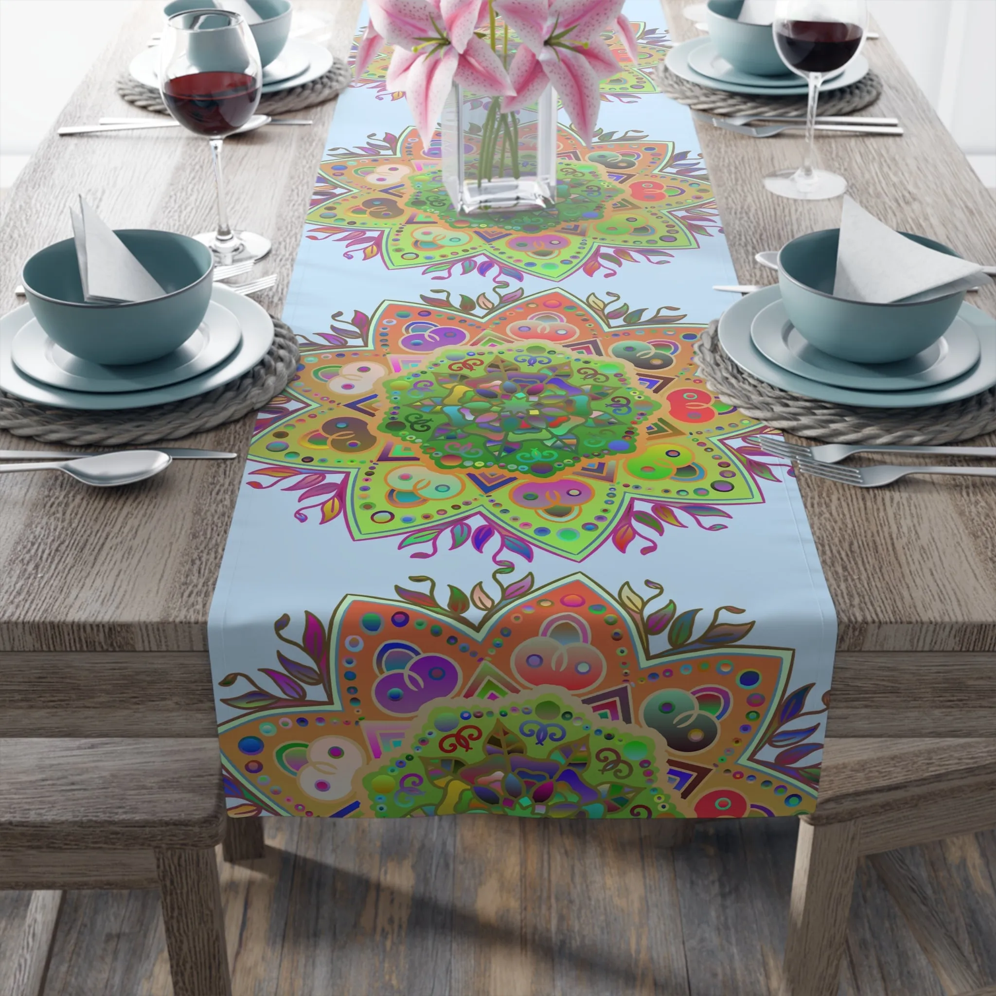 Hand-Drawn Mandala Art Table Runner - Light Blue