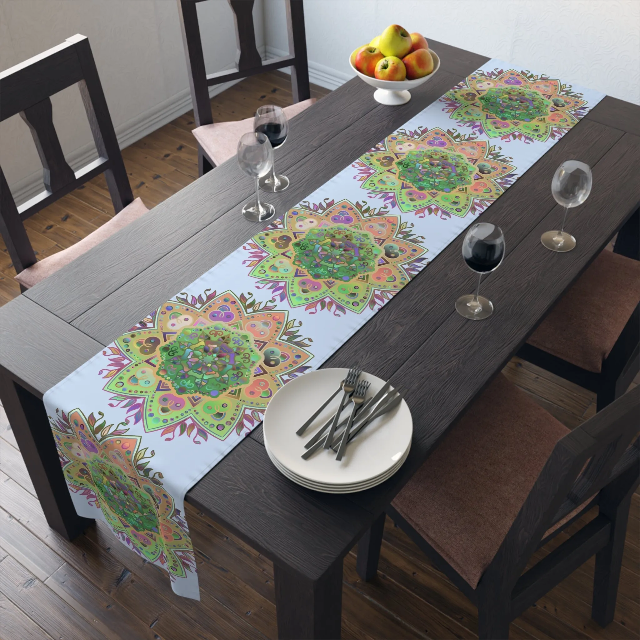Hand-Drawn Mandala Art Table Runner - Light Blue