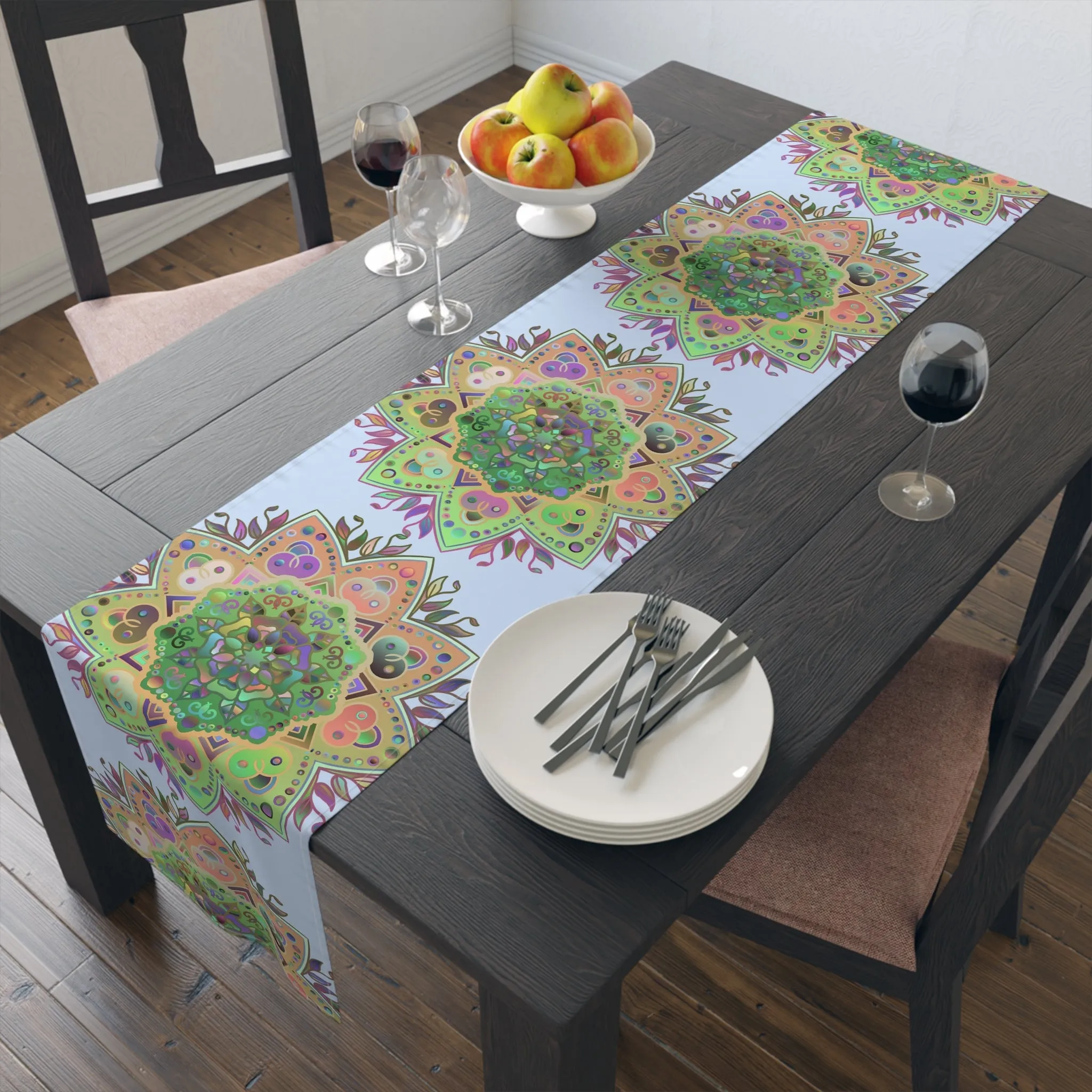 Hand-Drawn Mandala Art Table Runner - Light Blue