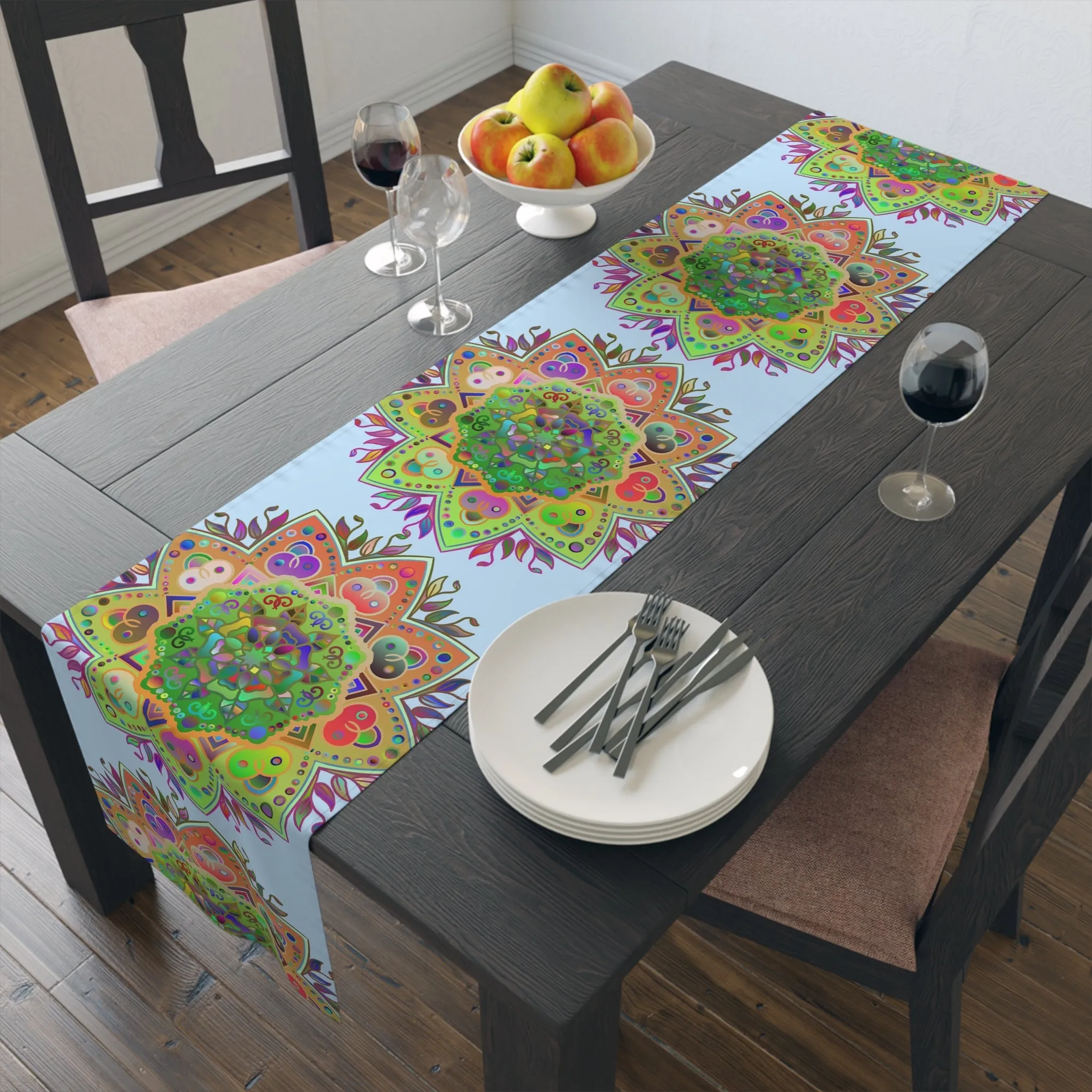 Hand-Drawn Mandala Art Table Runner - Light Blue