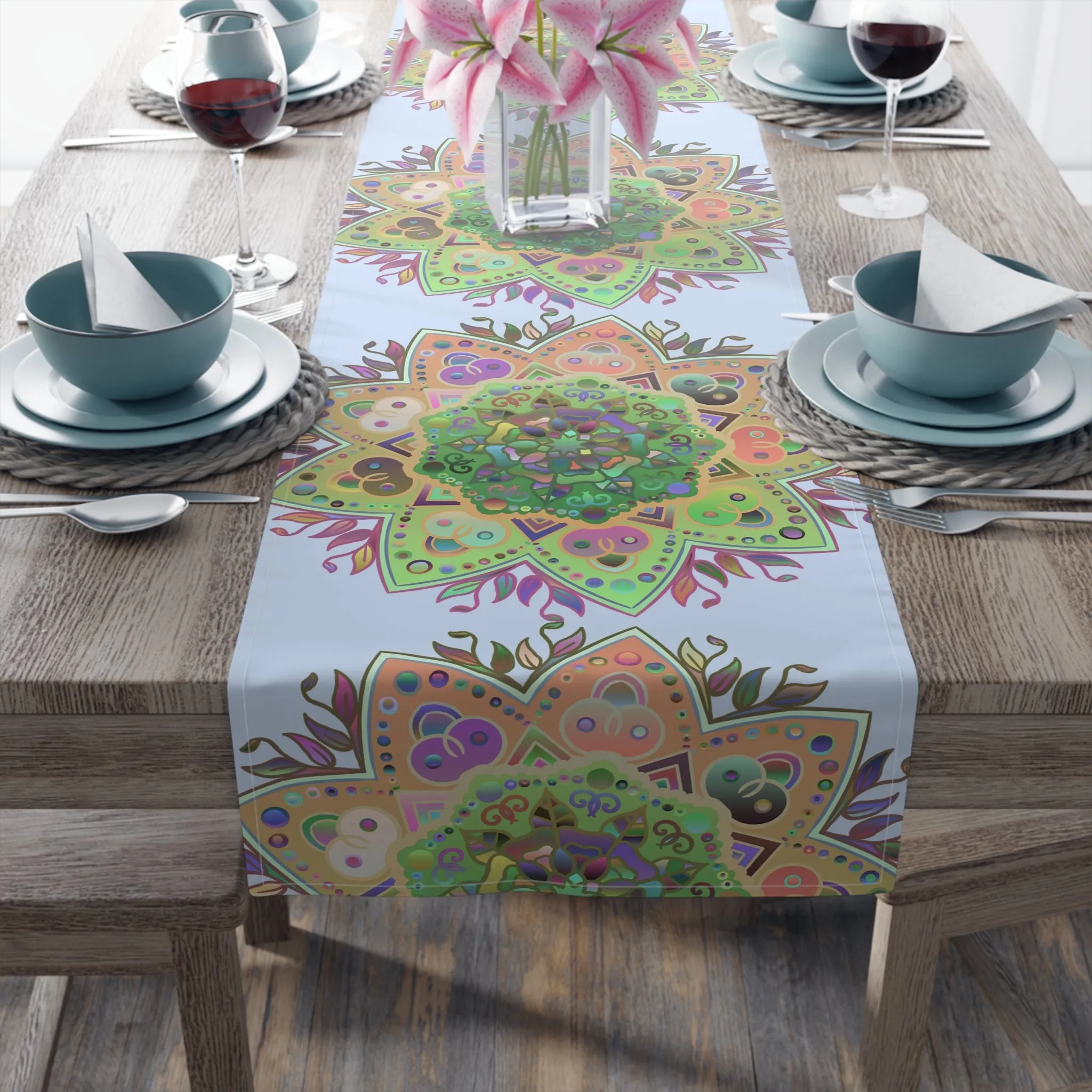 Hand-Drawn Mandala Art Table Runner - Light Blue