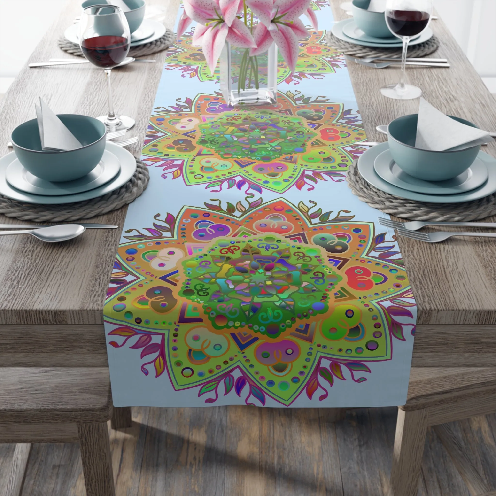 Hand-Drawn Mandala Art Table Runner - Light Blue