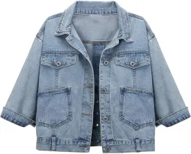 Hixiaohe Women Autumn 3/4 Sleeve Retro Short Denim Jackets Light Blue Jean Coats