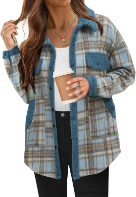 HOTOUCH Shacket Jacket Women Fashion Plaid Oversized Pocketed Coats Casual Winter Fall 2025 Thick Fleece Patchwork Outerwear, L Blue