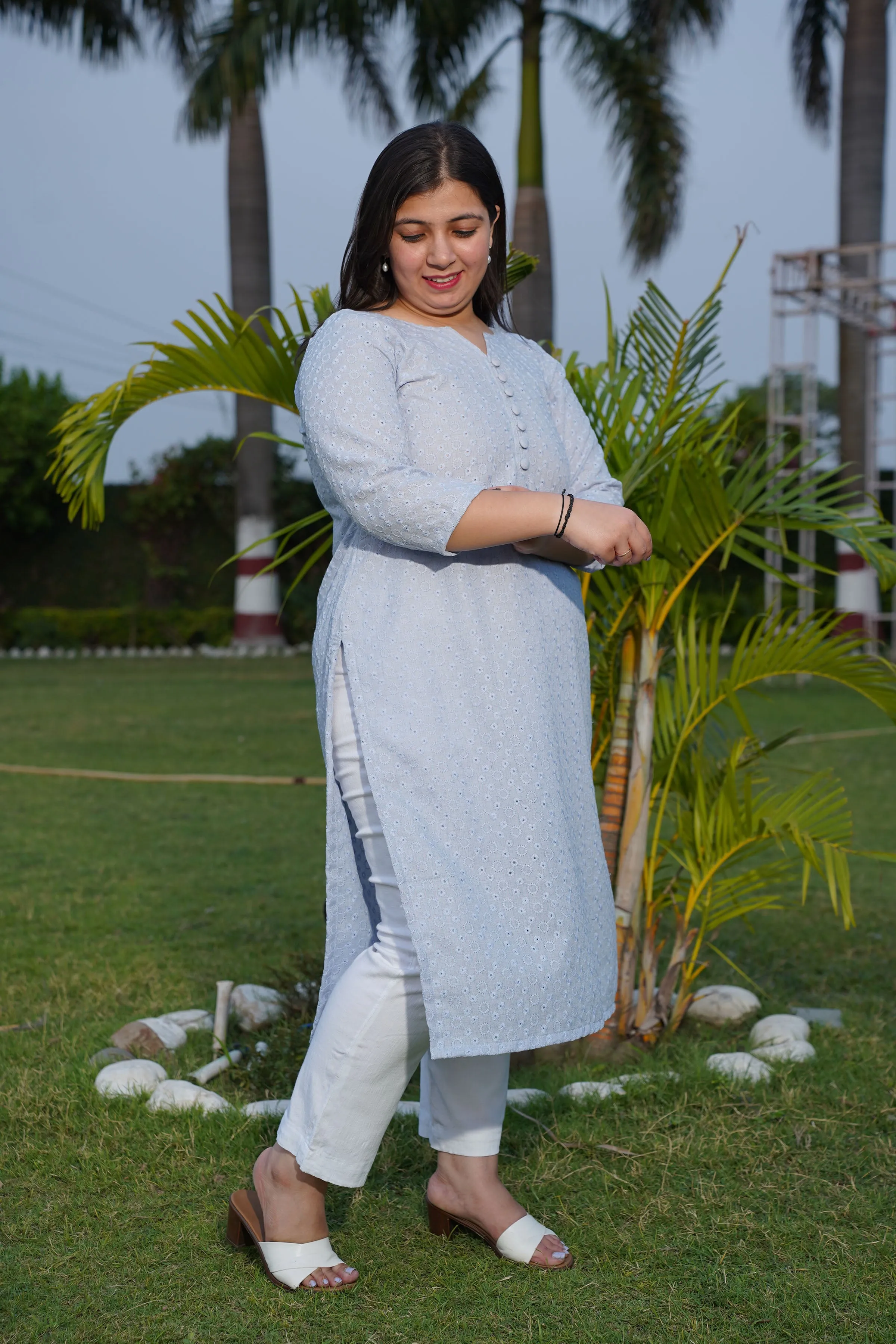 Ice Blue Embroidered Cotton Kurta
