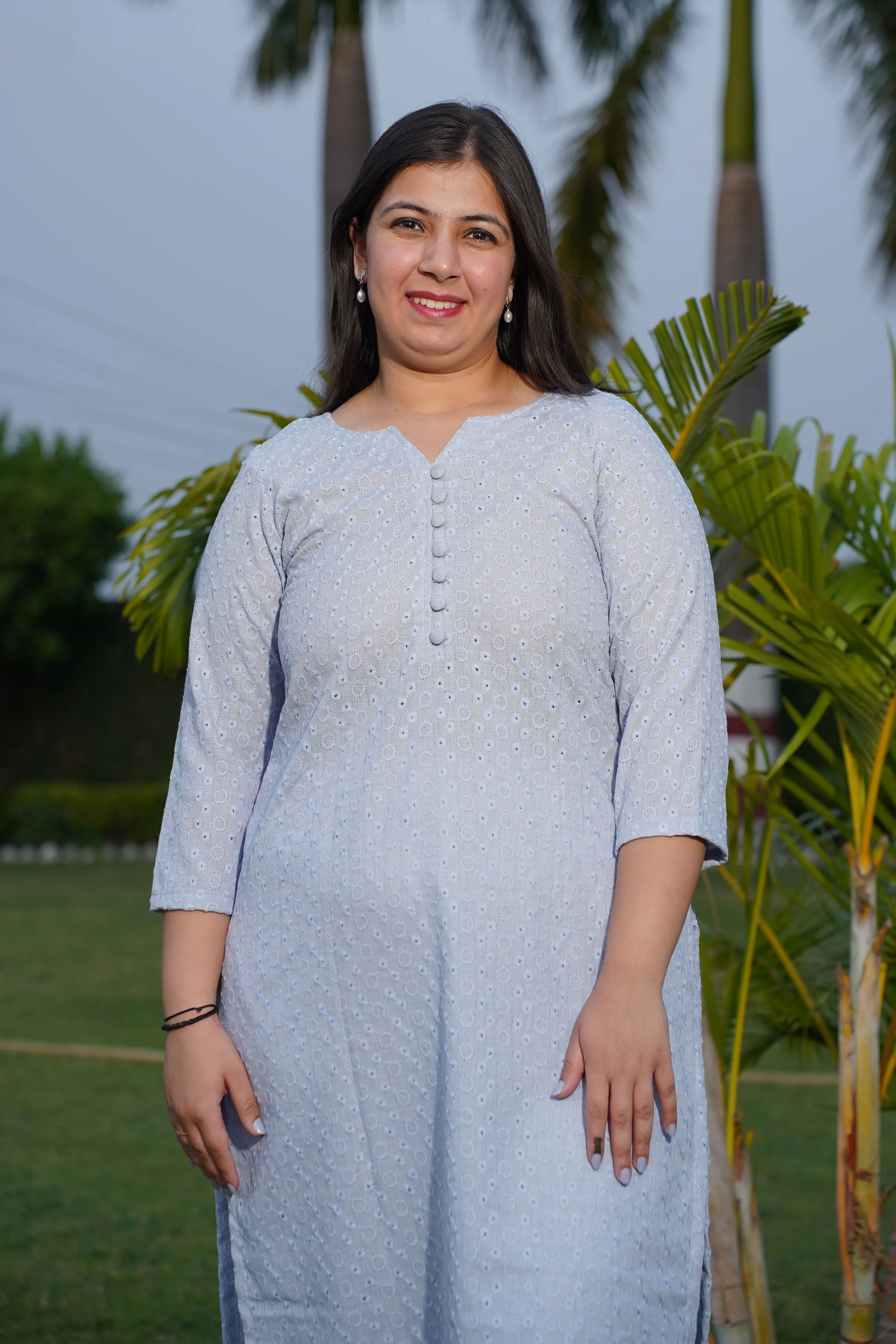 Ice Blue Embroidered Cotton Kurta
