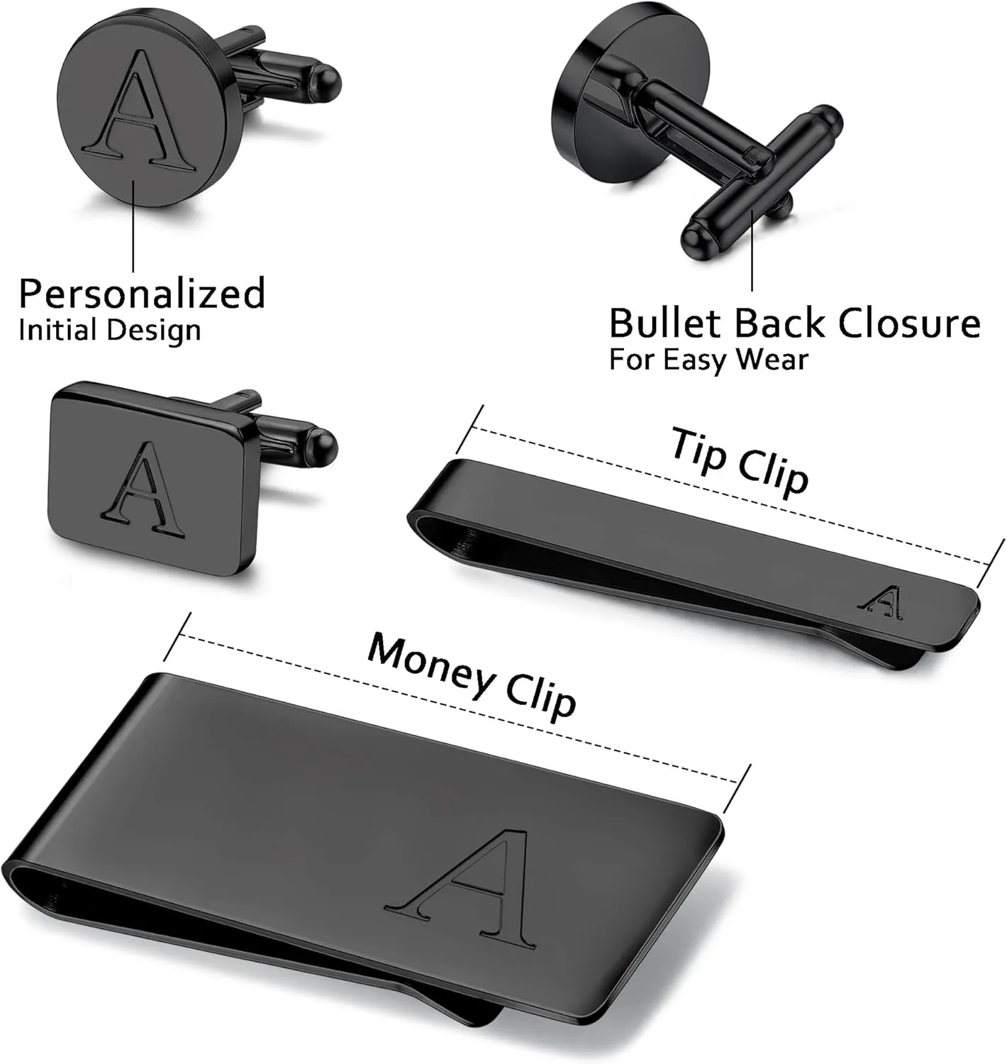 JOERICA Initial Cufflinks for Men and Tie Clip Set for Men Alphabet Letter Wallet Tie Clips and Cuff Link with Gift Box For Father Husband