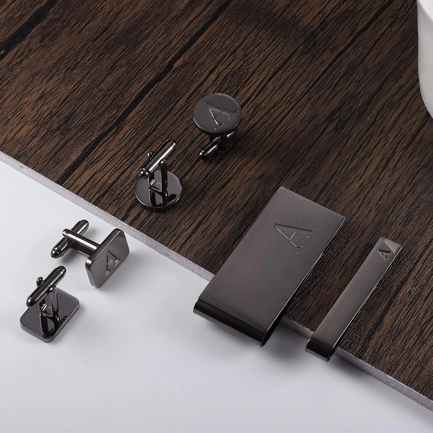 JOERICA Initial Cufflinks for Men and Tie Clip Set for Men Alphabet Letter Wallet Tie Clips and Cuff Link with Gift Box For Father Husband