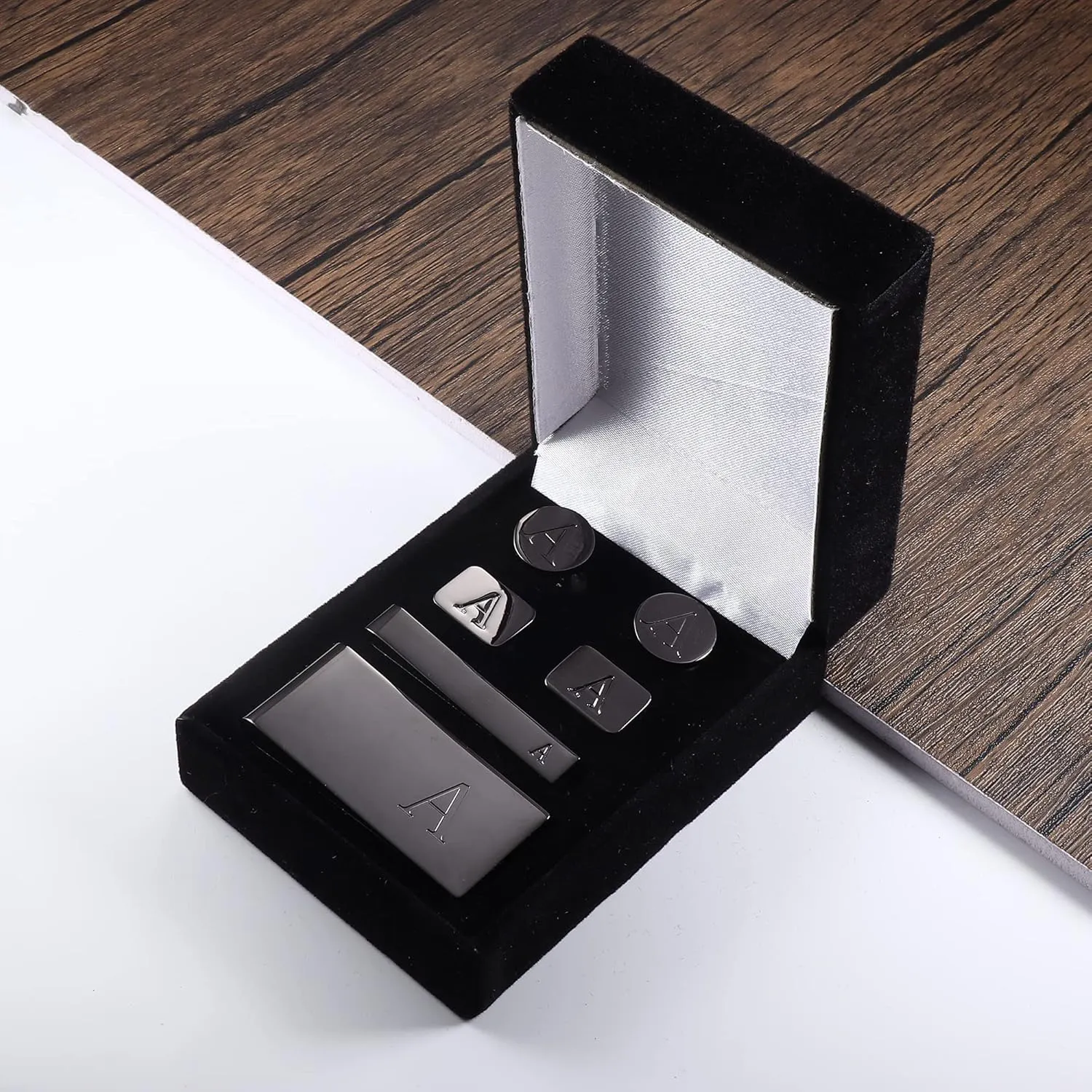 JOERICA Initial Cufflinks for Men and Tie Clip Set for Men Alphabet Letter Wallet Tie Clips and Cuff Link with Gift Box For Father Husband