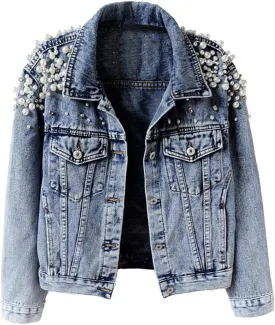 Kedera Women's Jean Jacket Embroidered Rivet Pearl Short Denim Jacket Coat