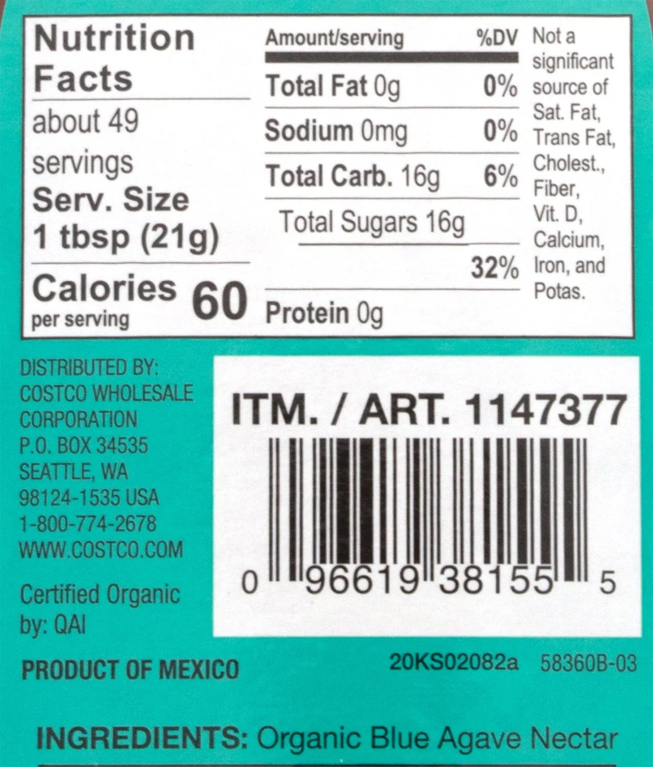 Kirkland Signature Organic Blue Agave