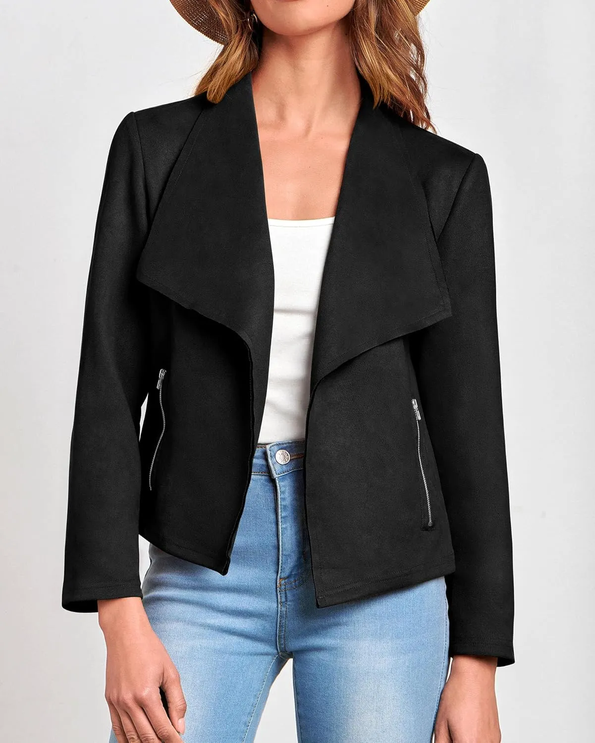 KIRUNDO Womens Fashion Faux Suede Jacket 2024 Fall Winter Casual Long Sleeve Open Front Bomber Cropped Coat Outerwear
