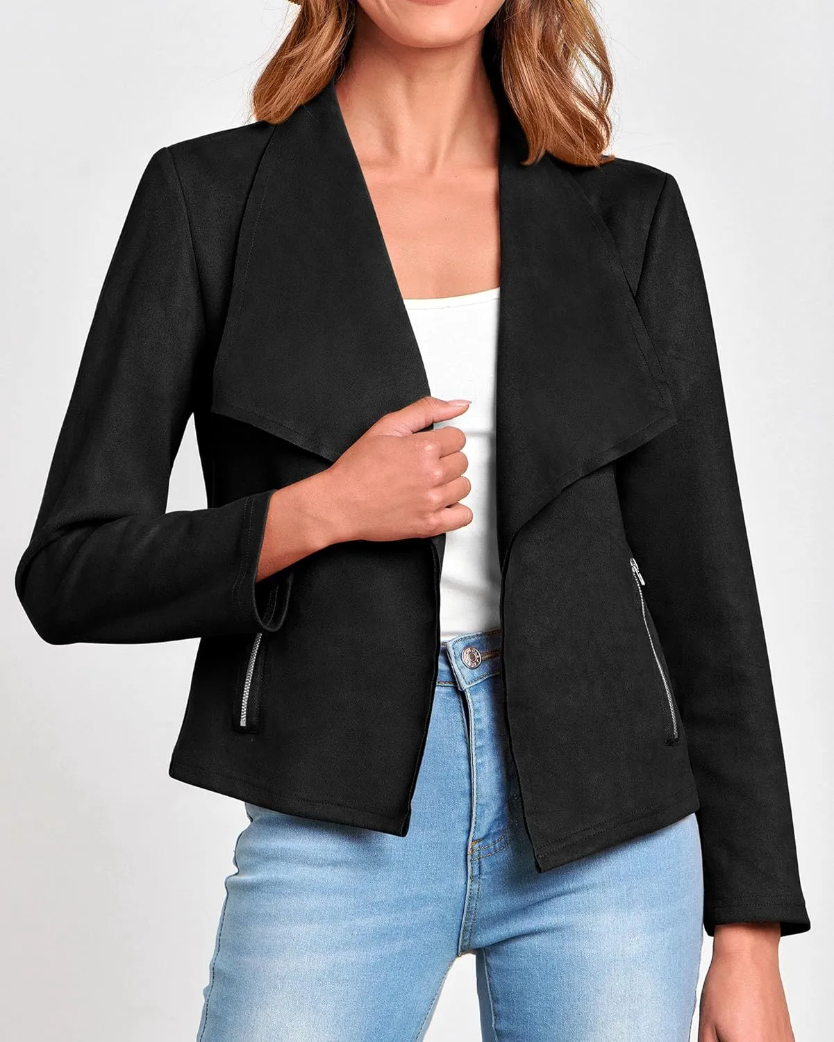 KIRUNDO Womens Fashion Faux Suede Jacket 2024 Fall Winter Casual Long Sleeve Open Front Bomber Cropped Coat Outerwear