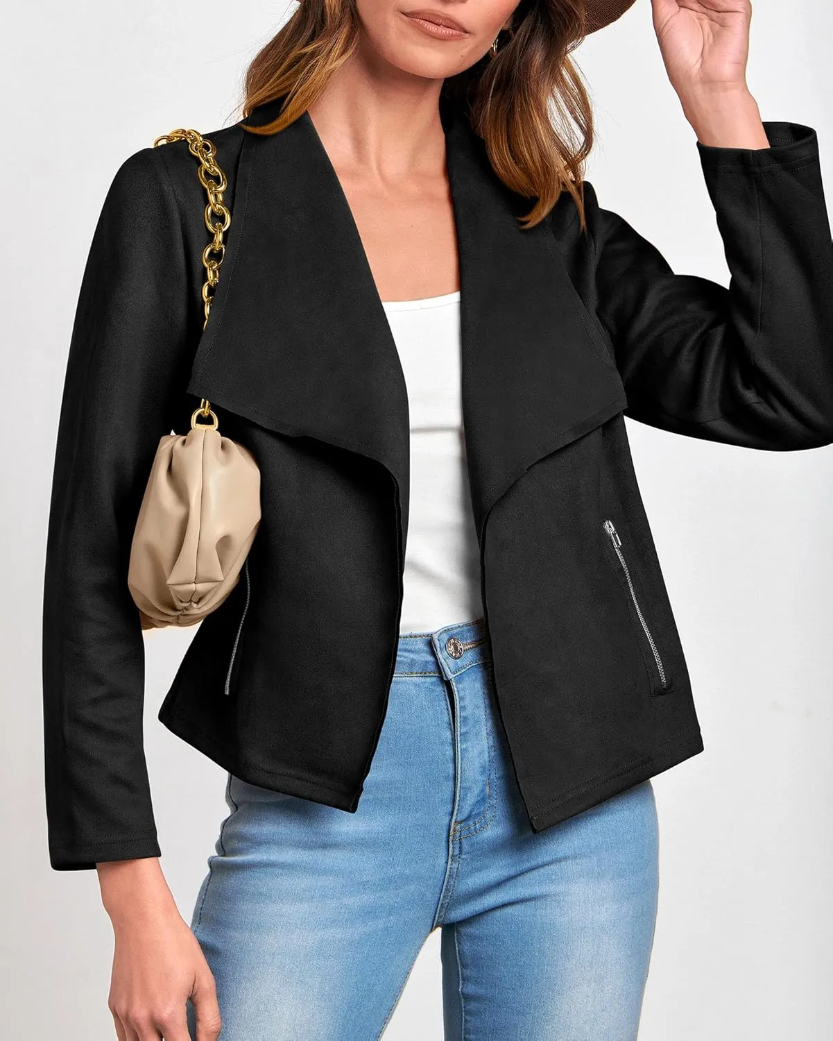 KIRUNDO Womens Fashion Faux Suede Jacket 2024 Fall Winter Casual Long Sleeve Open Front Bomber Cropped Coat Outerwear