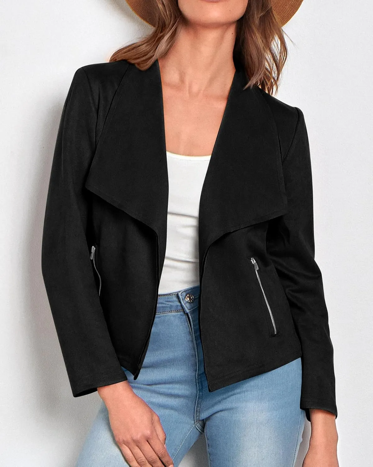 KIRUNDO Womens Fashion Faux Suede Jacket 2024 Fall Winter Casual Long Sleeve Open Front Bomber Cropped Coat Outerwear