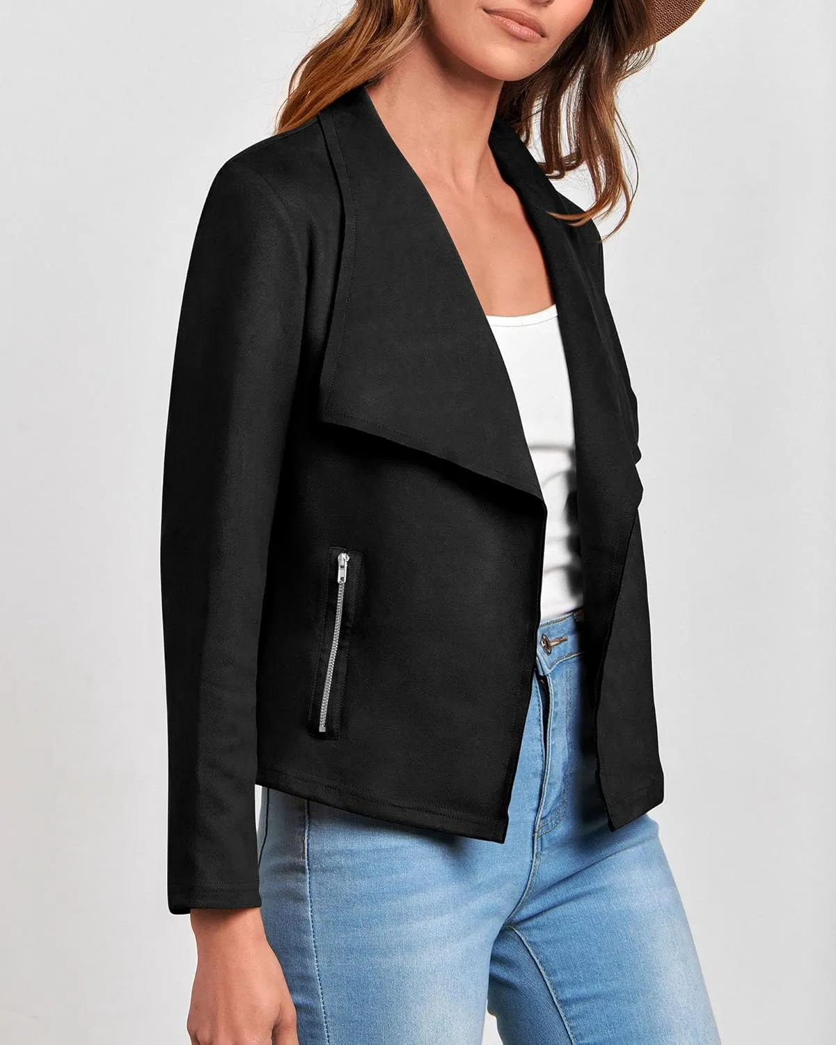 KIRUNDO Womens Fashion Faux Suede Jacket 2024 Fall Winter Casual Long Sleeve Open Front Bomber Cropped Coat Outerwear