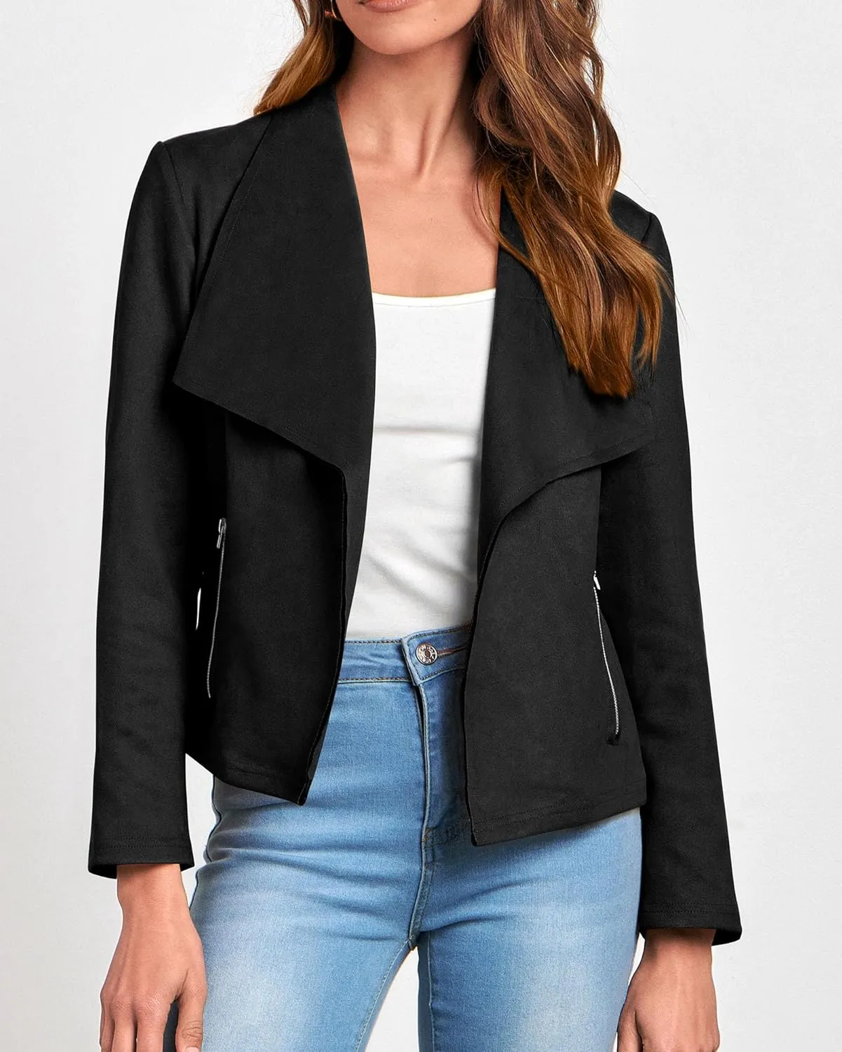 KIRUNDO Womens Fashion Faux Suede Jacket 2024 Fall Winter Casual Long Sleeve Open Front Bomber Cropped Coat Outerwear