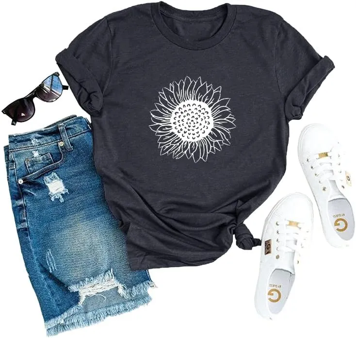 MaQiYa Womens Cute Sunflower Graphic Printed Tee Shirts Vintage Short Sleeve Cotton Shirts Tops