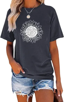 MaQiYa Womens Cute Sunflower Graphic Printed Tee Shirts Vintage Short Sleeve Cotton Shirts Tops