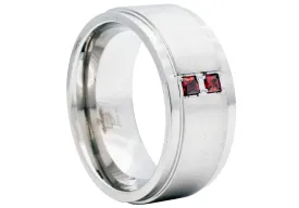 Mens 9mm Brushed Stainless Steel Ring With Red Cubic Zirconia