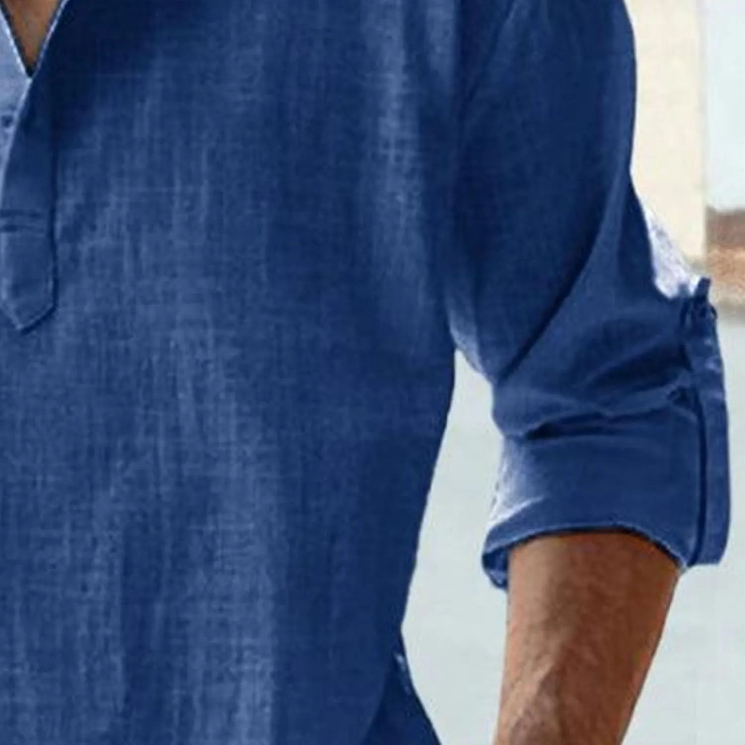 Men's Band Collar Roll Long-Sleeved Cotton Top Beach Shirt Hawaii Hippie Button Down T-Shirts Henley Dress Blouse