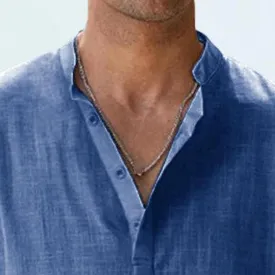 Men's Band Collar Roll Long-Sleeved Cotton Top Beach Shirt Hawaii Hippie Button Down T-Shirts Henley Dress Blouse
